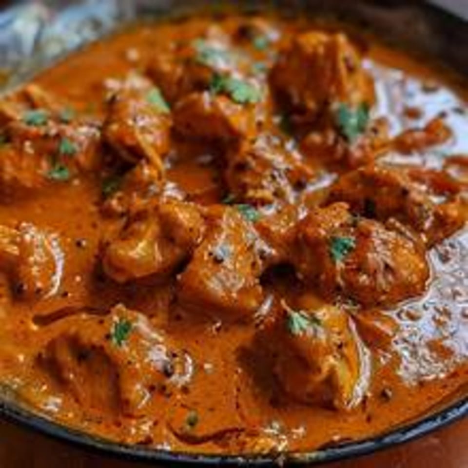 Close-up of chicken curry with a rich orange sauce and green herb garnish in a dark bowl.