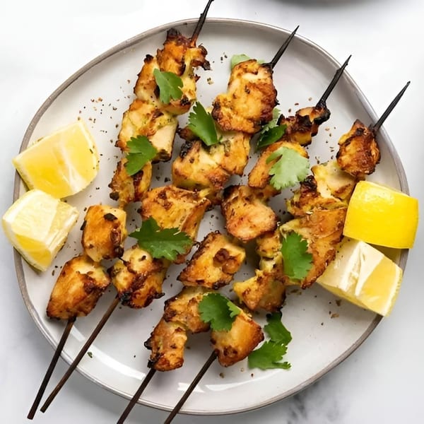 Grilled chicken skewers with fresh cilantro and lemon wedges on a white plate.