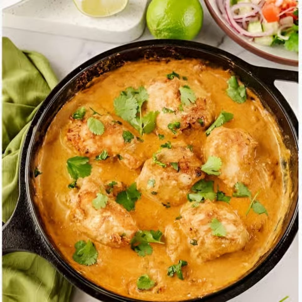 Chicken in a creamy orange sauce, garnished with fresh cilantro, in a black cast iron pan.