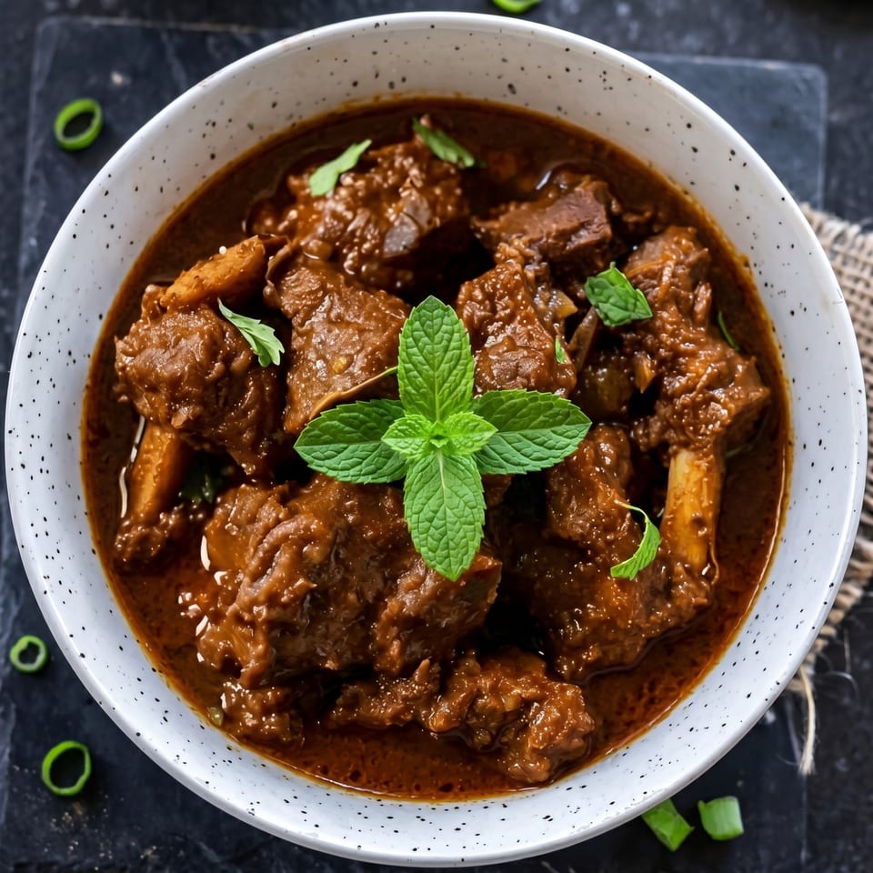 Close-up of a white bowl filled with rich brown lamb curry, garnished with fresh mint leaves.