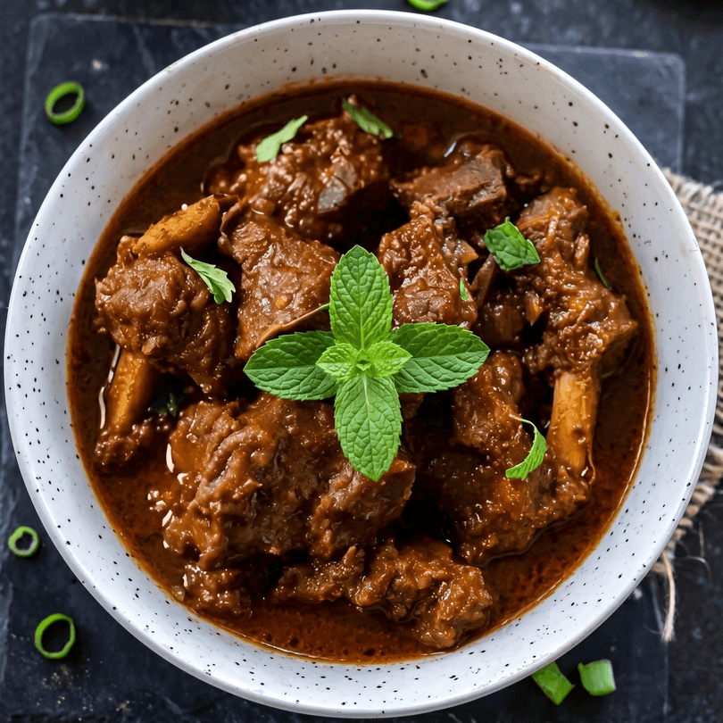 Close-up of a white bowl filled with rich brown lamb curry, garnished with fresh mint leaves.